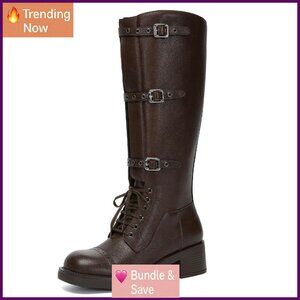 Knee High Wide Calf Riding Boots Square Toe Lace Up Chunky Low Heel